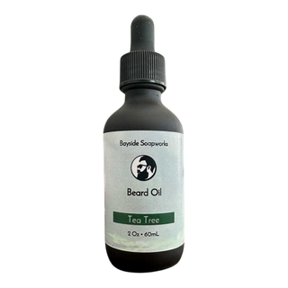 Bottle of Bayside Soapworks Tea Tree Beard Oil on a white background