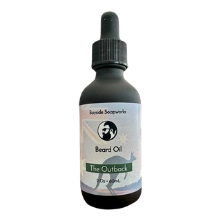 Bottle of Bayside Soapworks Beard Oil labeled 'The Outback' on a white background