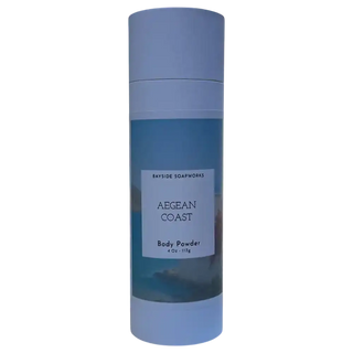 White cylindrical body powder container with 'Aegean Coast' label on a white background