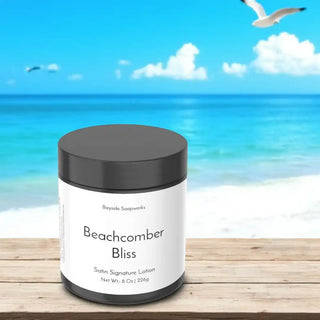 Lotion jar labeled 'Beachcomber Bliss' on a wooden surface with a beach background