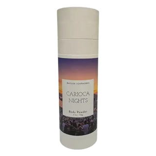 Body powder container with 'Carioca Nights' label on a white background