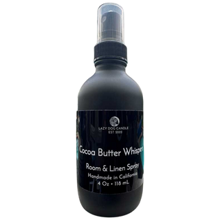 Black room and linen spray bottle with label on a white background