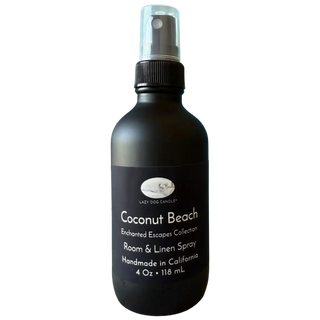Black room spray bottle labeled 'Coconut Beach' on a white background