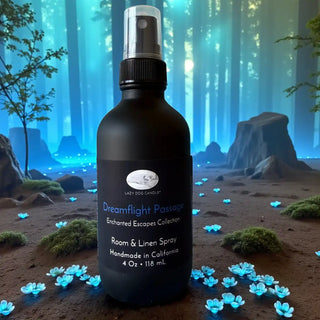 Room & Linen Spray bottle with a mystical forest background