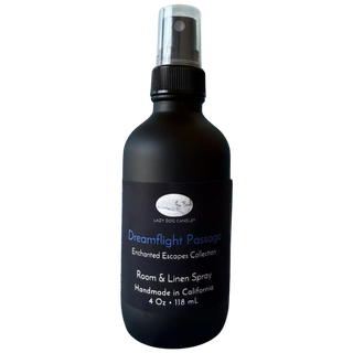 Black room and linen spray bottle labeled 'Dreamflight Passage' on a white background