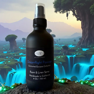 Black room & linen spray bottle with 'Dreamflight Passage' label against a fantasy landscape background