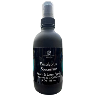 Black room and linen spray bottle labeled 'Eucalyptus Spearmint' on a white background