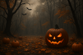 Halloween theme background image with a large jack-o-lantern, bats and spooky trees.
