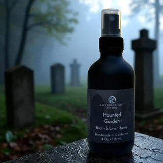 Bottle of 'Haunted Garden' room & linen spray with a cemetery background