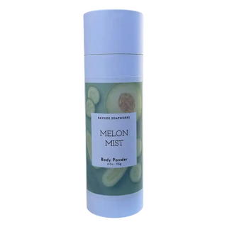 Body powder container with 'Melon Mist' label on a white background
