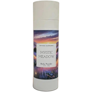 Body powder canister labeled 'Mystic Meadow' with a scenic label on a white background