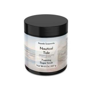 Jar of Nautical Tide foaming sugar scrub with black lid on a white background