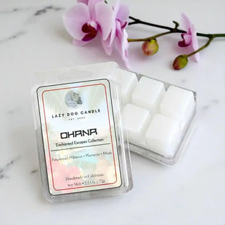 Packaged wax melts with a 'Lazy Dog Candle' label on a marble surface with pink flowers.