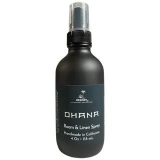Black room & linen spray bottle labeled 'Ohana' on a white background