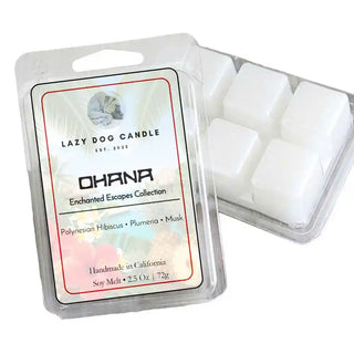 Packaged Ohana wax melts with 'Lazy Dog Candle' branding on a white background