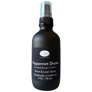 Black room & linen spray bottle labeled 'Peppermint Shores' on a white background