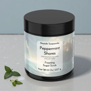 Jar of Bayside Soapworks Peppermint Shores Foaming Sugar Scrub on a light background