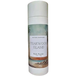 Body powder container with 'Teakwood Island' label on a white background