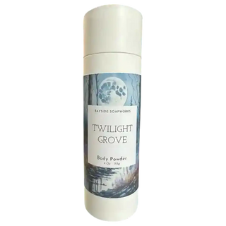 Body powder container with 'Twilight Grove' label on a white background
