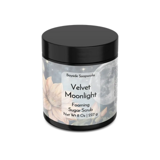 Jar of Velvet Moonlight Foaming Sugar Scrub by Bayside Soapworks on a white background