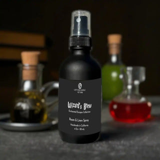 Black spray bottle labeled 'Wizard's Brew' with a dark background featuring other bottles.